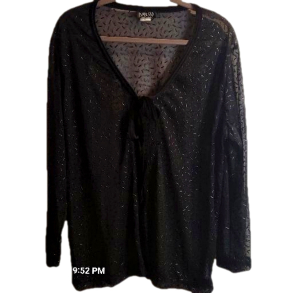 ESPRESSO, black, sheer, velvet trimmed, long sleeve shrug. Sz. 1X